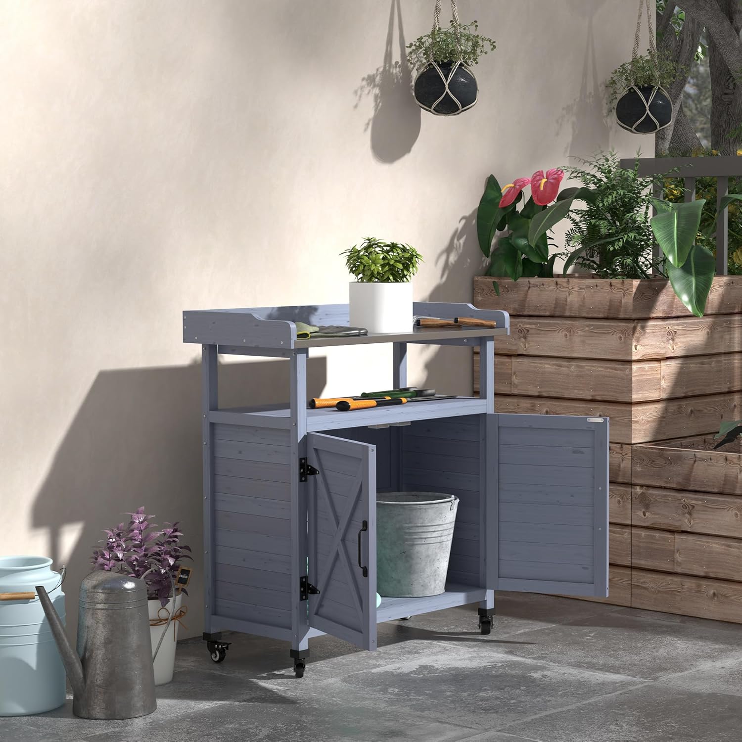 Outdoor Potting Bench, Wooden Potting Table with Storage Cabinet, Aluminum Table Top, Rubber Wheels for Backyard, Patio, Balcony, Gray