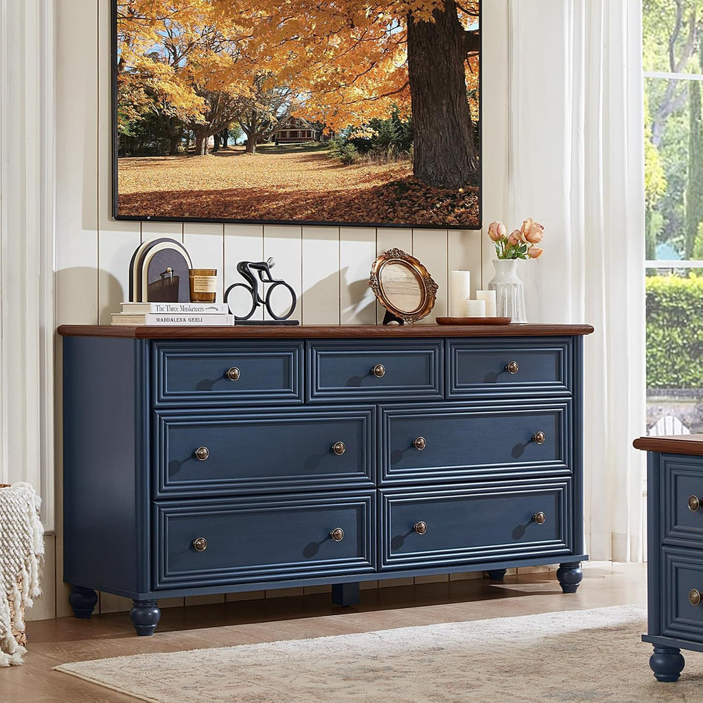 Farmhouse Dressers & Night Stand Set of 3, Wood 54' Wide Dresser & 43.5'Tall Chest of Drawers, 18' with Charging Station Nightstand, Bedroom Furniture 7 Drawer Dresser Set for Home Living Room Hallway