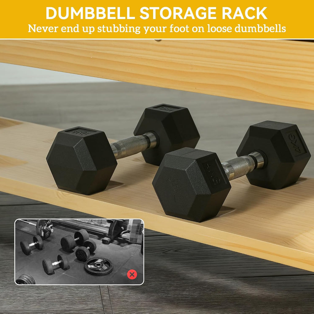 Soozier Adjustable Weight Bench with Dumbbell Rack, Wooden Workout Bench, Flat or Incline Bench for Home Gym Weight Lifting Training