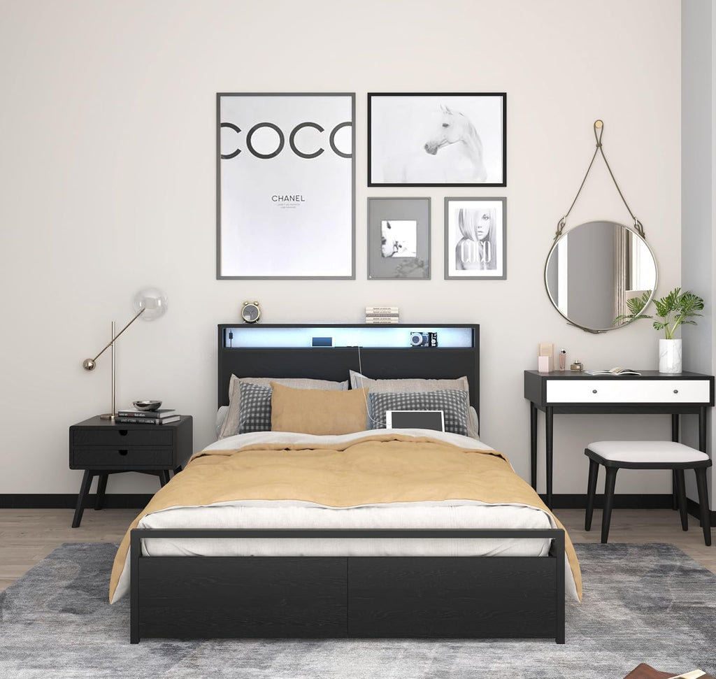 Bellemave Full Size Bed Frame with 2 Storage Drawers and Charging, Full Size Bed Frame with Headboard and Charging Station and with Led Lightstation, No Box Spring Needed, (Full, Black)