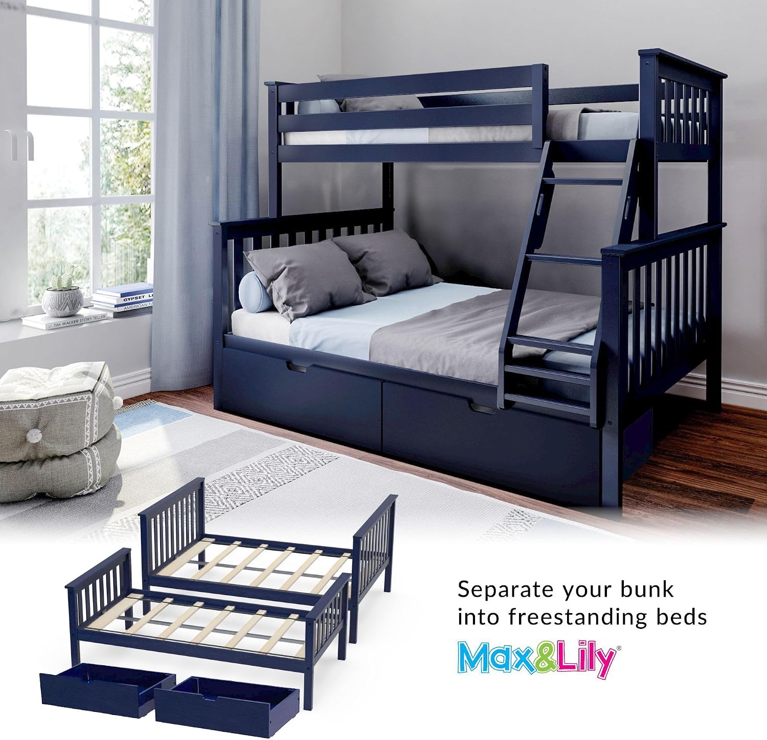 Max & Lily Classic Twin Over Full Bunk Bed, with Storage Drawers, Blue