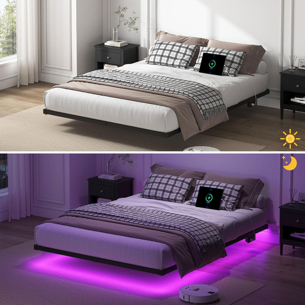YORMDMO Floating Bed Frame Queen Size, Heavy Duty Bedframe with Smart LED Lights & Charging Station, Modern Metal Platform Bed, Easy Assembly No Box Spring Needed, 8 Inch