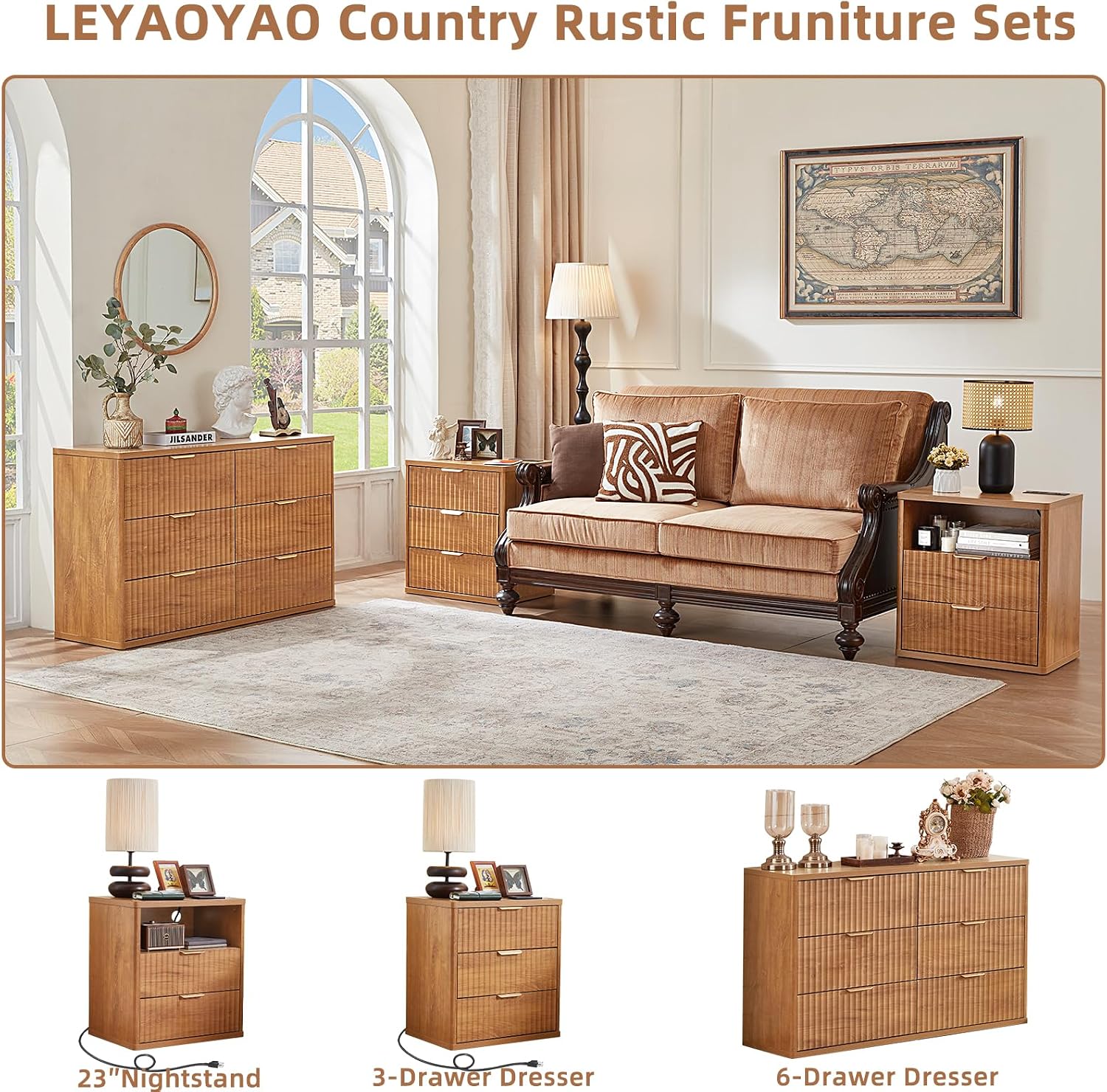 LEYAOYAO Fluted Dresser and Nightstand Sets, Wood 48' Wide Dresser & 23' Night Stand with Charging Station, 2 Piece Bedroom Furniture Set, Chest of Drawers for Bedroom, Home, Living Room,Brown