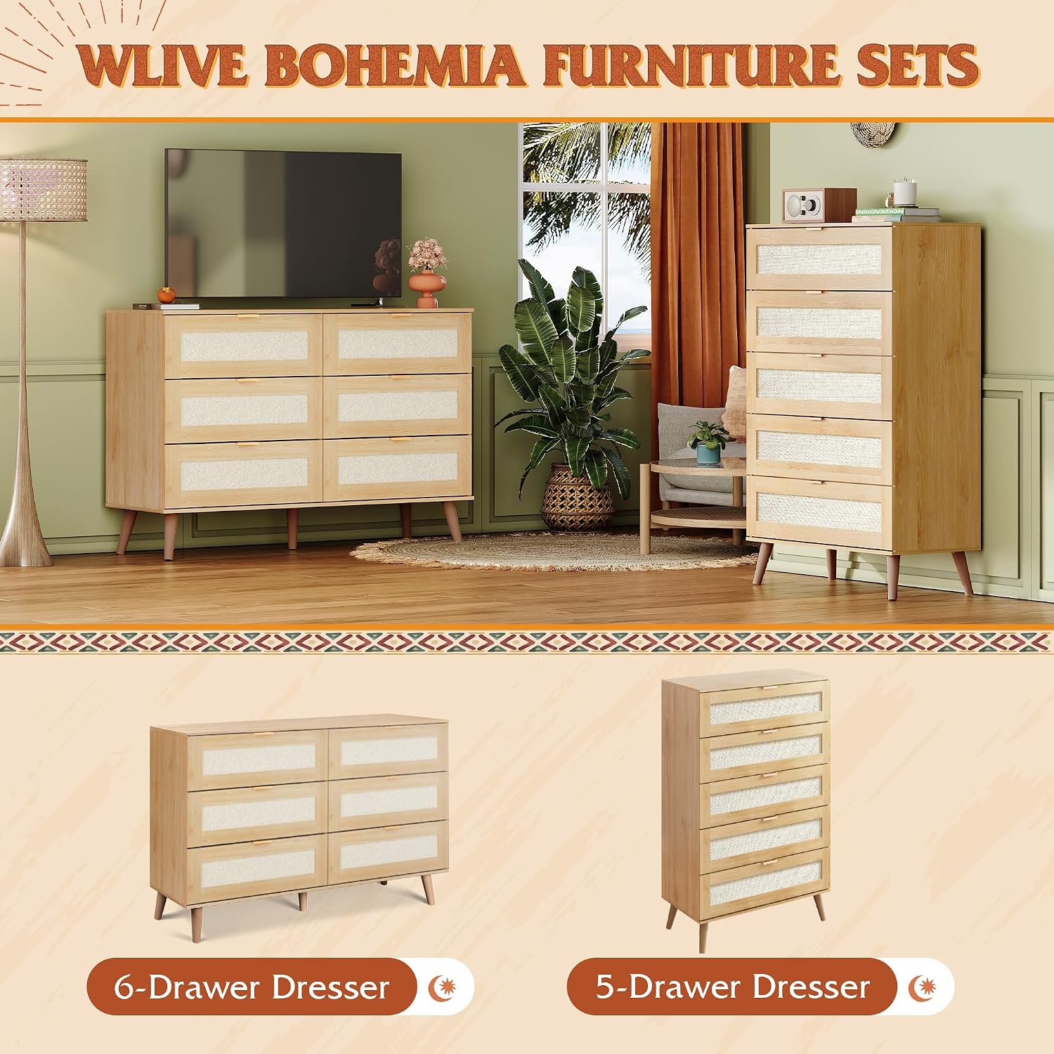 WLIVE Rattan Dresser for Bedroom, 50' Tall 5 Drawer Wooden Chest of Drawers, Boho Dresser Closet Storage Organizer for Living Room, Hallway, Light Oak