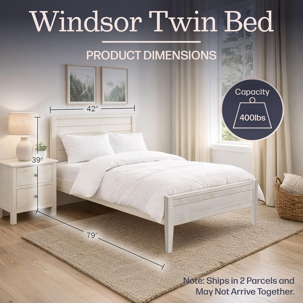 Alaterre Furniture Windsor Bed Frame with Headboard and Footboard - Solid Wood Twin Platform Bed Frame with Wood Slat Support - No Box Spring Needed, Easy Assembly (White Driftwood, Panel Headboard)