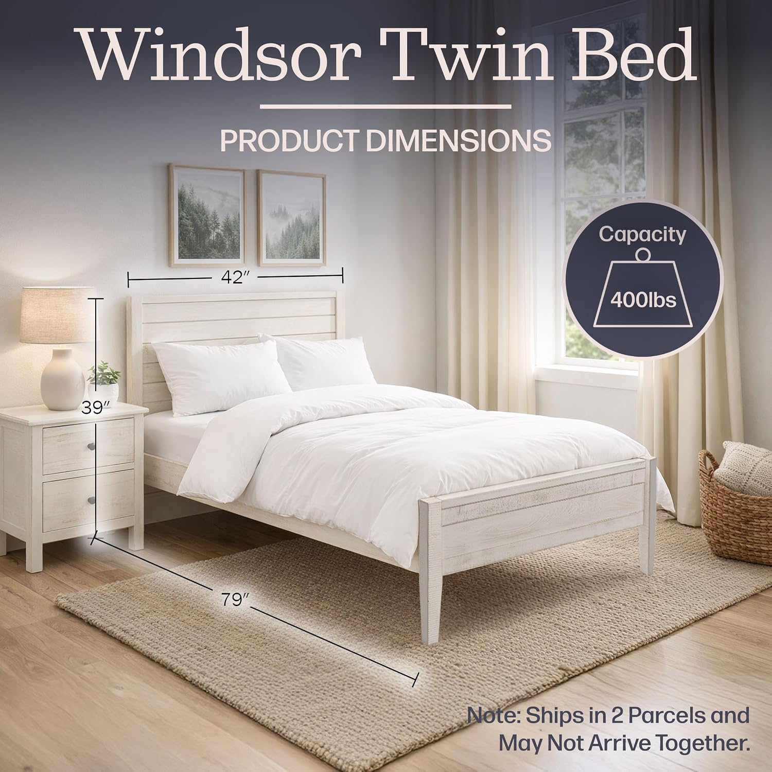 Alaterre Furniture Windsor Bed Frame with Headboard and Footboard - Solid Wood Twin Platform Bed Frame with Wood Slat Support - No Box Spring Needed, Easy Assembly (White Driftwood, Panel Headboard)