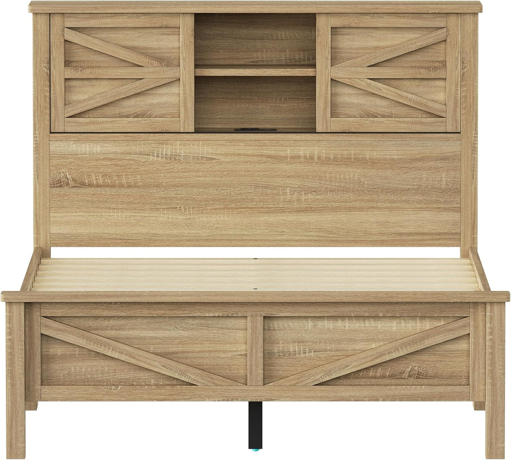 Farmhouse 3-Pieces Bedroom Sets Full Size Farmhouse Platform Bed with Double Sliding Door Storage Headboard and Charging Station,Solid Wood Platform Bed with Storage Nightstand and Dresser,Natural