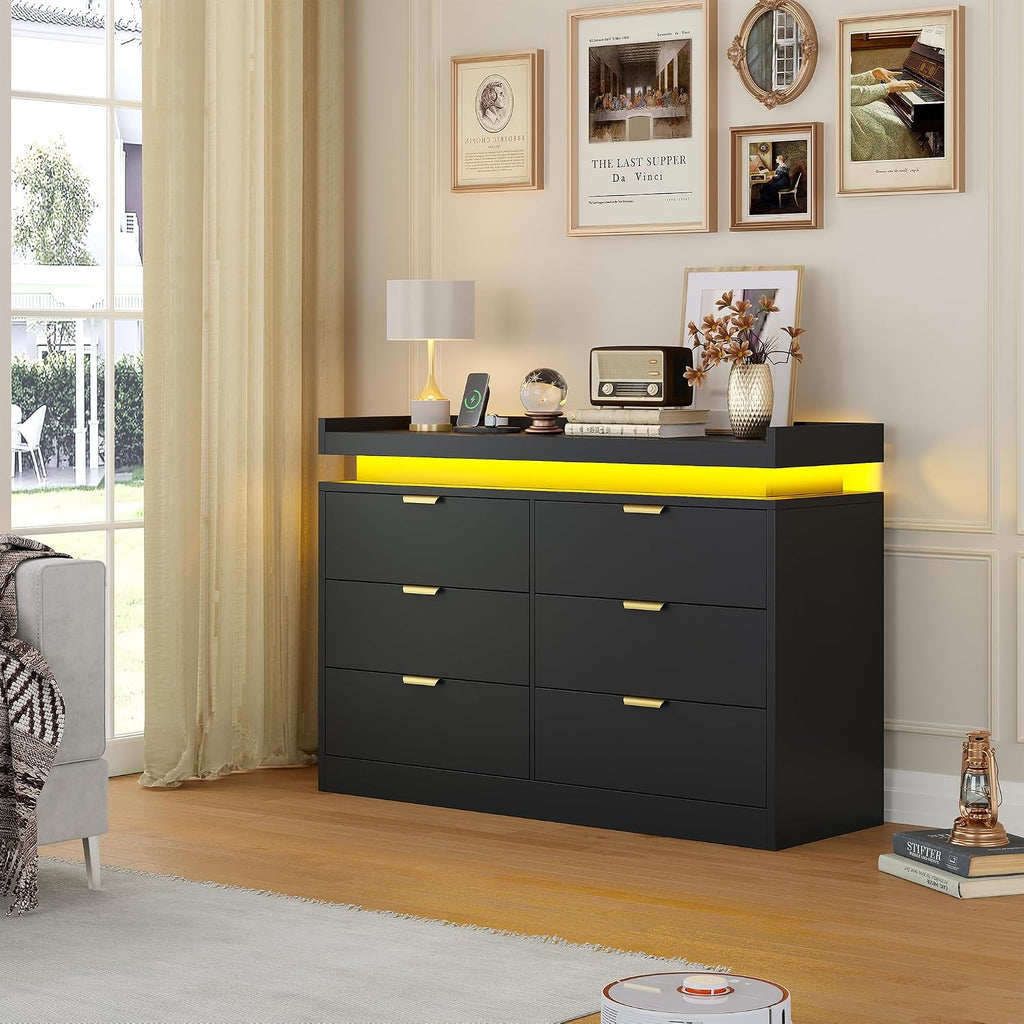 knoworld 6 Drawer Dresser for Bedroom, Black Dresser with LED Lights and Power Outlet, Large Wooden Dressers Modern Chest of Drawers, Double Wide 6 Drawer Dressers for Bedroom, Entryway, Hallway
