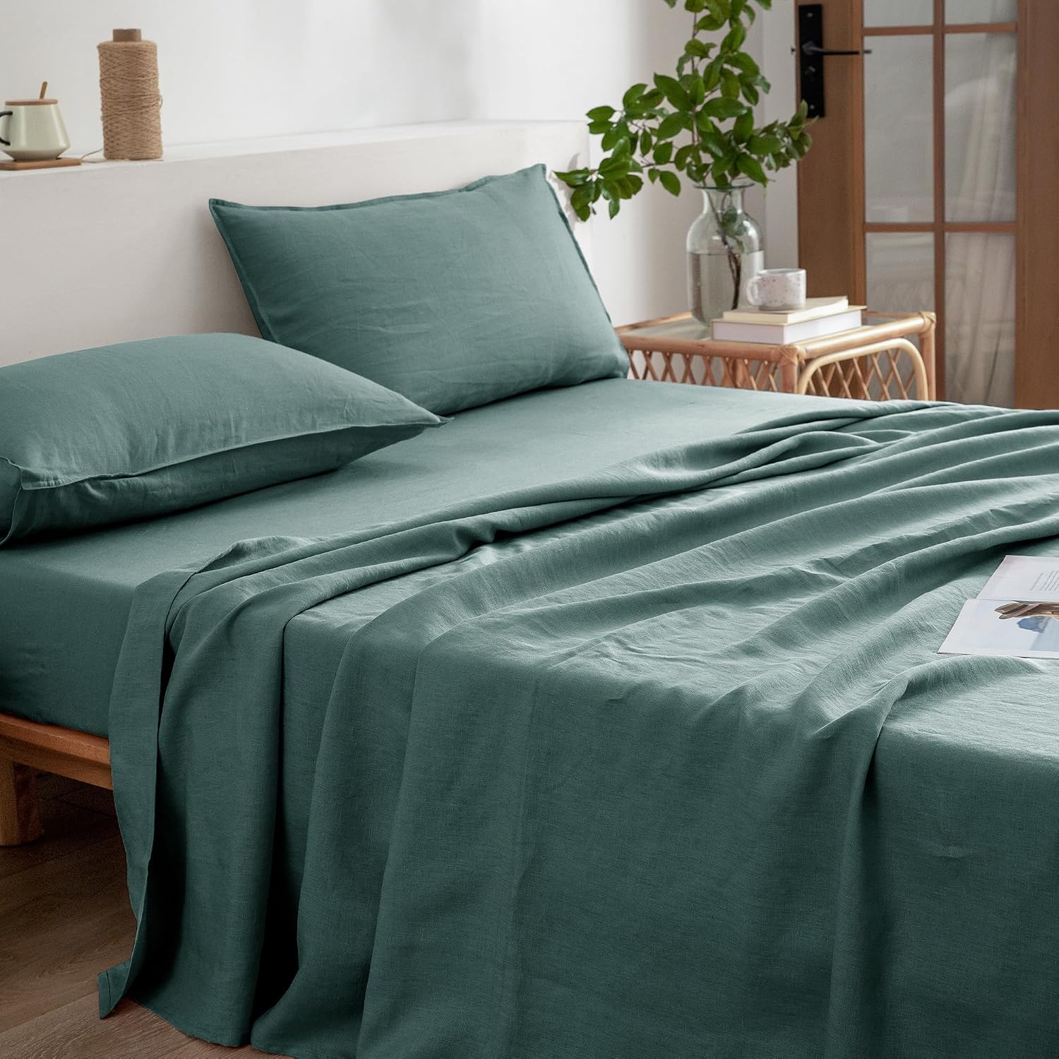 EVERLY Linen Sheets Set Full Size,100% French Stonewash Pure Linen Bed Sheets,4Pieces (1Flat Sheet,1Fitted Sheet,2Pillowcase) Suitable for Hot Sleepers,Deep Pocket Natural Bedding Set-Aqua