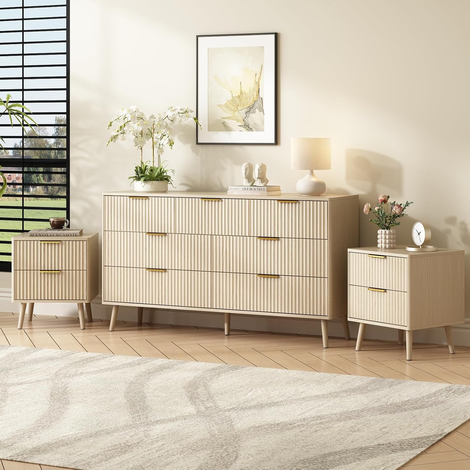 CARPETNAL Fluted Dresser and Nightstand Sets for Bedroom, 3 Pcs Bedroom Set, 7-Drawer Dresser & 2-Drawer Nightstand Set of 2, Modern Wood Chest of Drawers for Living Room, Entryway, Beige