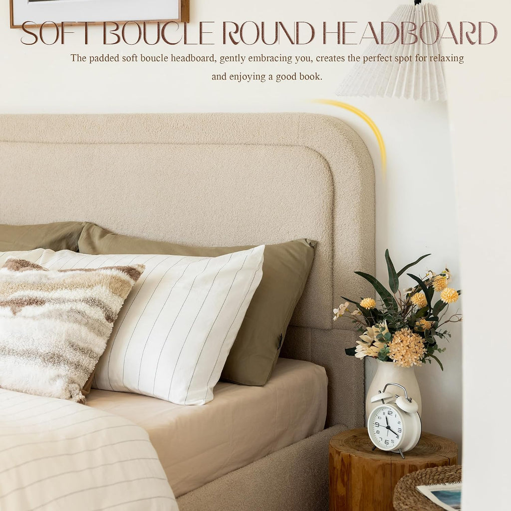 Yechen Boucle Cloud Full Bed Frame with Round Corner Headboard, Upholstered Soft Creamy Bedframe with Solid Wood Legs, Boho Fluffy Bed with Wooden Slats, Easy Assembly, No Box Spring Needed, Khaki