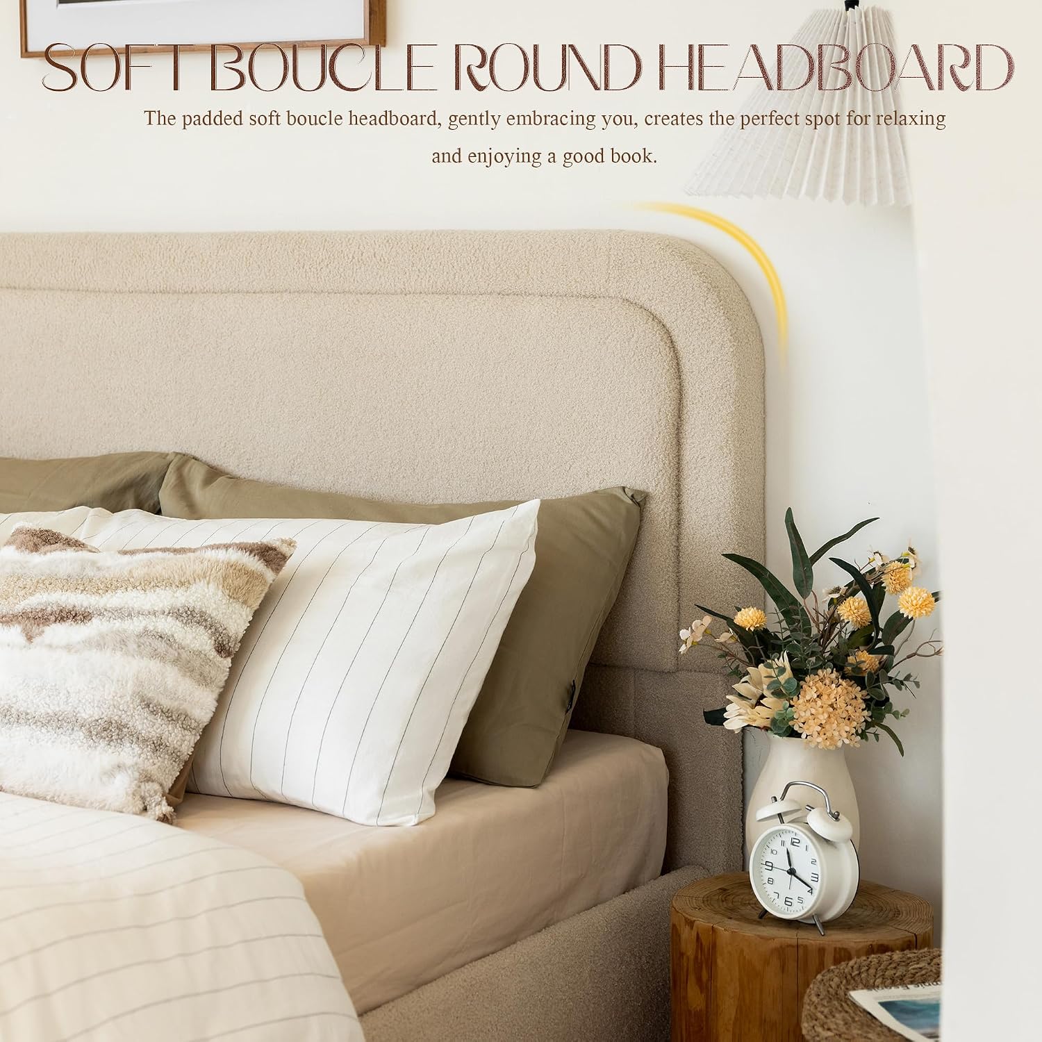Yechen Boucle Cloud Queen Bed Frame with Round Corner Headboard, Upholstered Soft Creamy Bedframe with Solid Wood Legs, Boho Fluffy Bed with Wooden Slats, Easy Assembly, No Box Spring Needed, Khaki