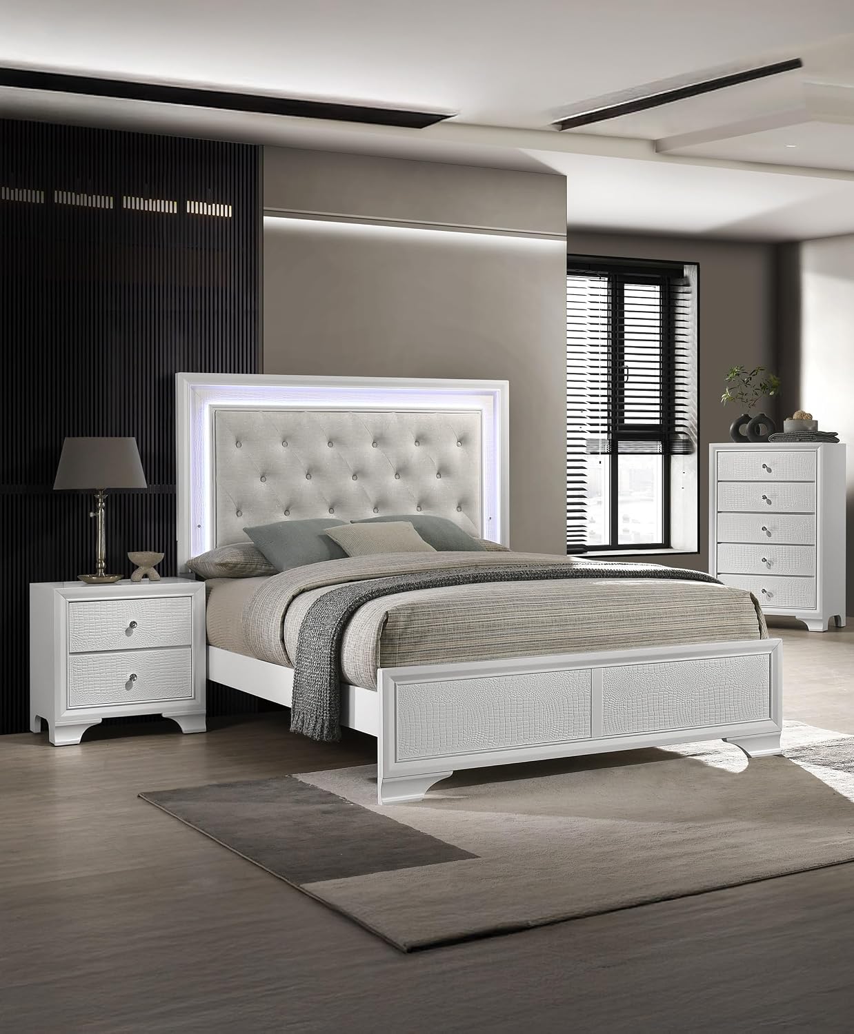 3pc Modern Crisp White Textured Finish Tufted Headboard Integrated LED Lighting Full Size Bed Set Bedroom Furniture