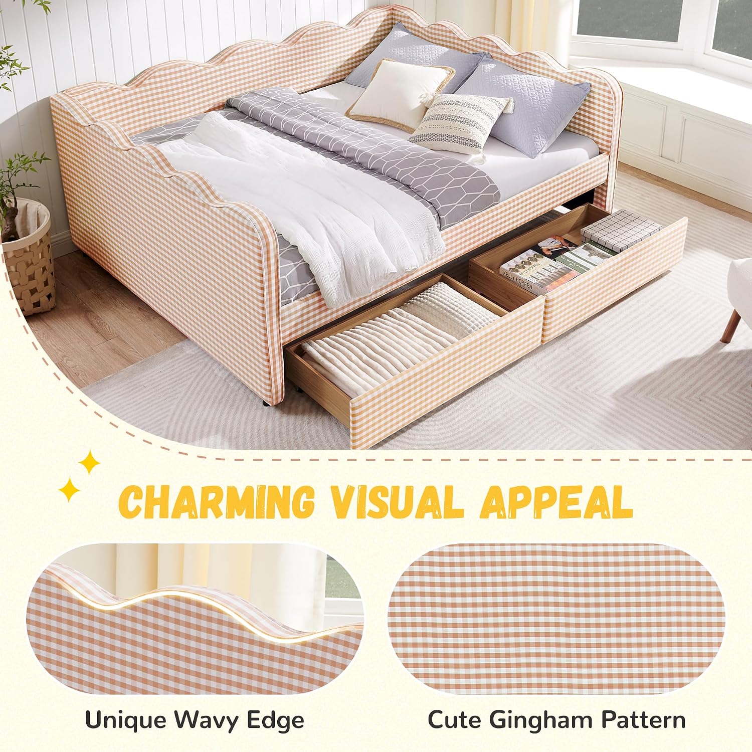 DEINPPA Queen Size Upholstered Daybed with 2 Storage Drawers, Gingham Daybed with USB Ports for Bedroom Living Room Guest Room-Pink