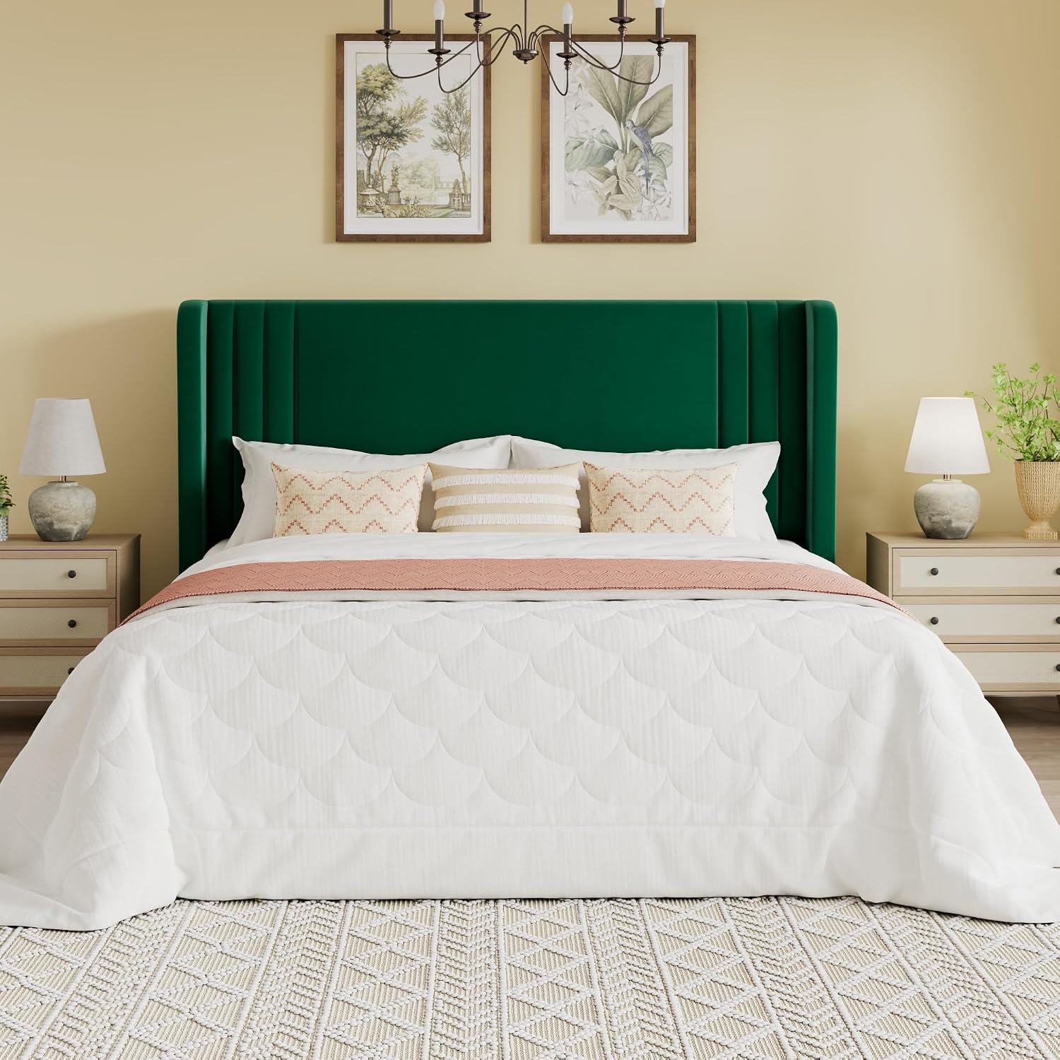 SHA CERLIN Full Size Velvet Upholstered Platform Bed Frame with Vertical Channel Tufted Wingback Headboard, Wooden Slats Support, Easy Assembly, Under Bed Storage, No Box Spring Required, Green