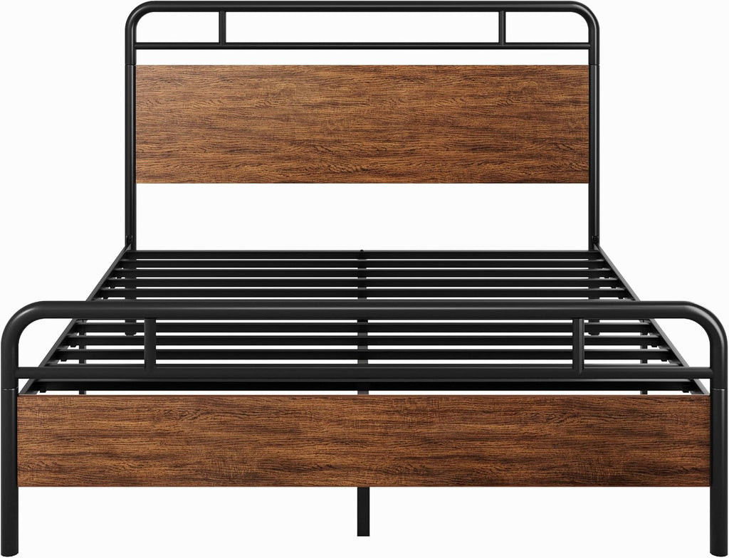SHA CERLIN Full Size Bed Frame with Wooden Headboard and Footboard, Rounded Corner Metal Structure, Heavy Duty Slats with Under-Bed Storage, No Box Spring Needed, Walnut