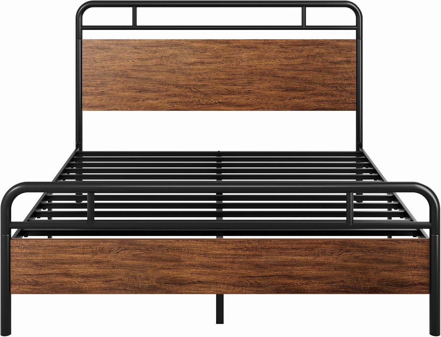 SHA CERLIN Queen Size Bed Frame with Wooden Headboard and Footboard, Rounded Corner Metal Structure, Heavy Duty Slats with Under-Bed Storage, No Box Spring Needed, Walnut