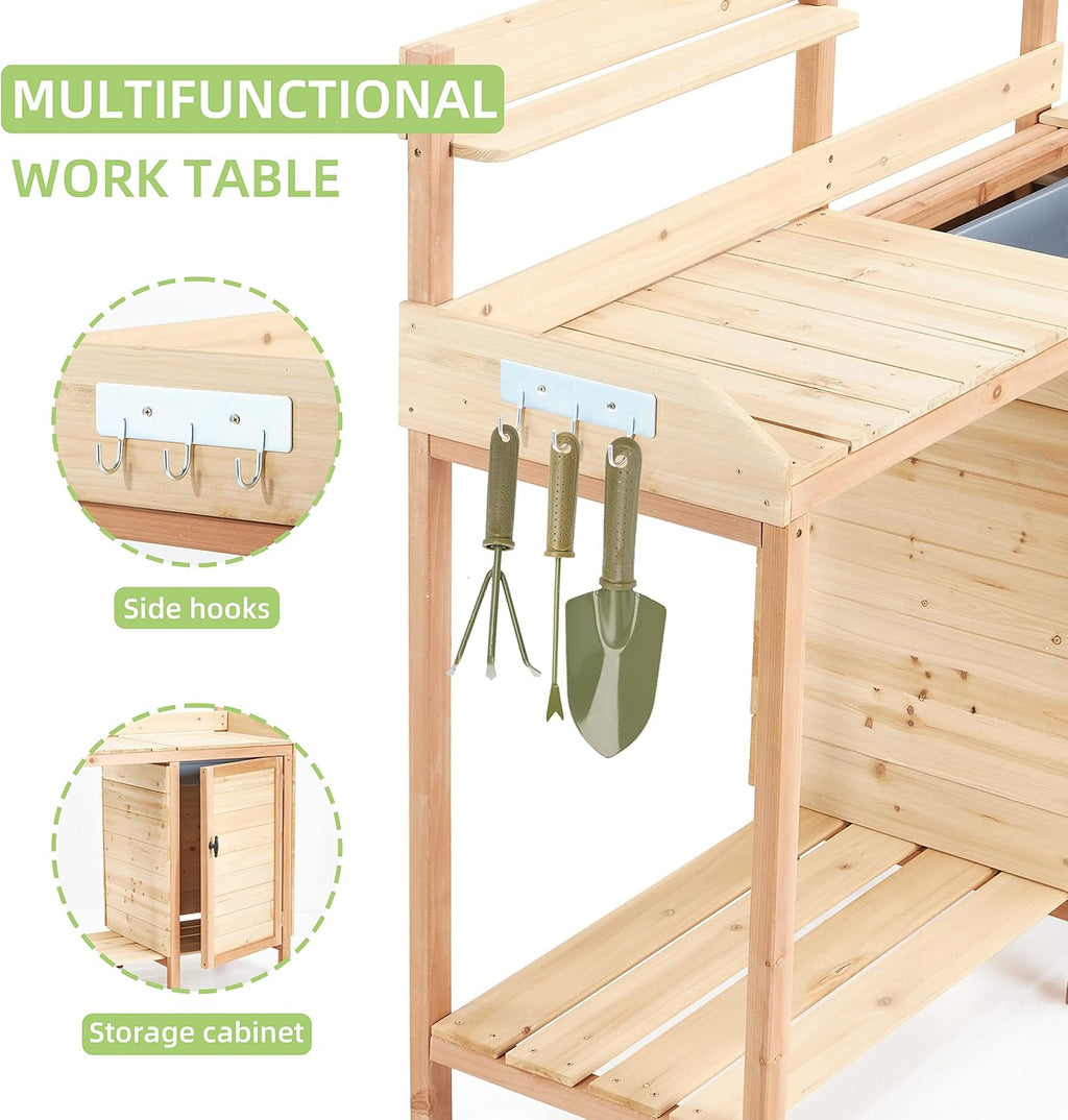 Outdoor Wooden Potting Bench with Sink & Storage – Heavy-Duty Garden Workstation Table for Patio, Lawn, Backyard Gardening