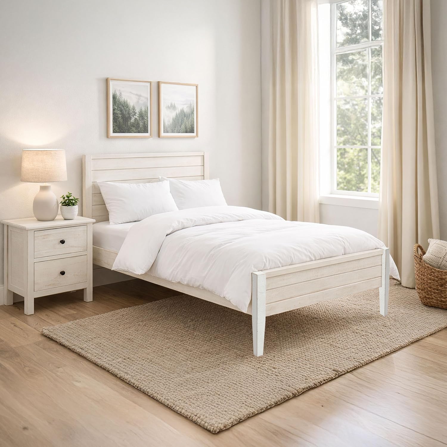 Alaterre Furniture Windsor Bed Frame with Headboard and Footboard - Solid Wood Twin Platform Bed Frame with Wood Slat Support - No Box Spring Needed, Easy Assembly (White Driftwood, Panel Headboard)