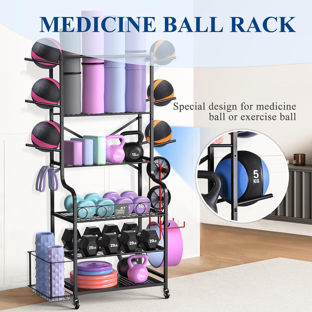 Mythinglogic Yoga Mat Storage Racks,Home Gym Storage Rack for Dumbbells Kettlebells Foam Roller, Yoga Strap and Resistance Bands, Workout Equipment Storage Organizer With Hooks and Wheels