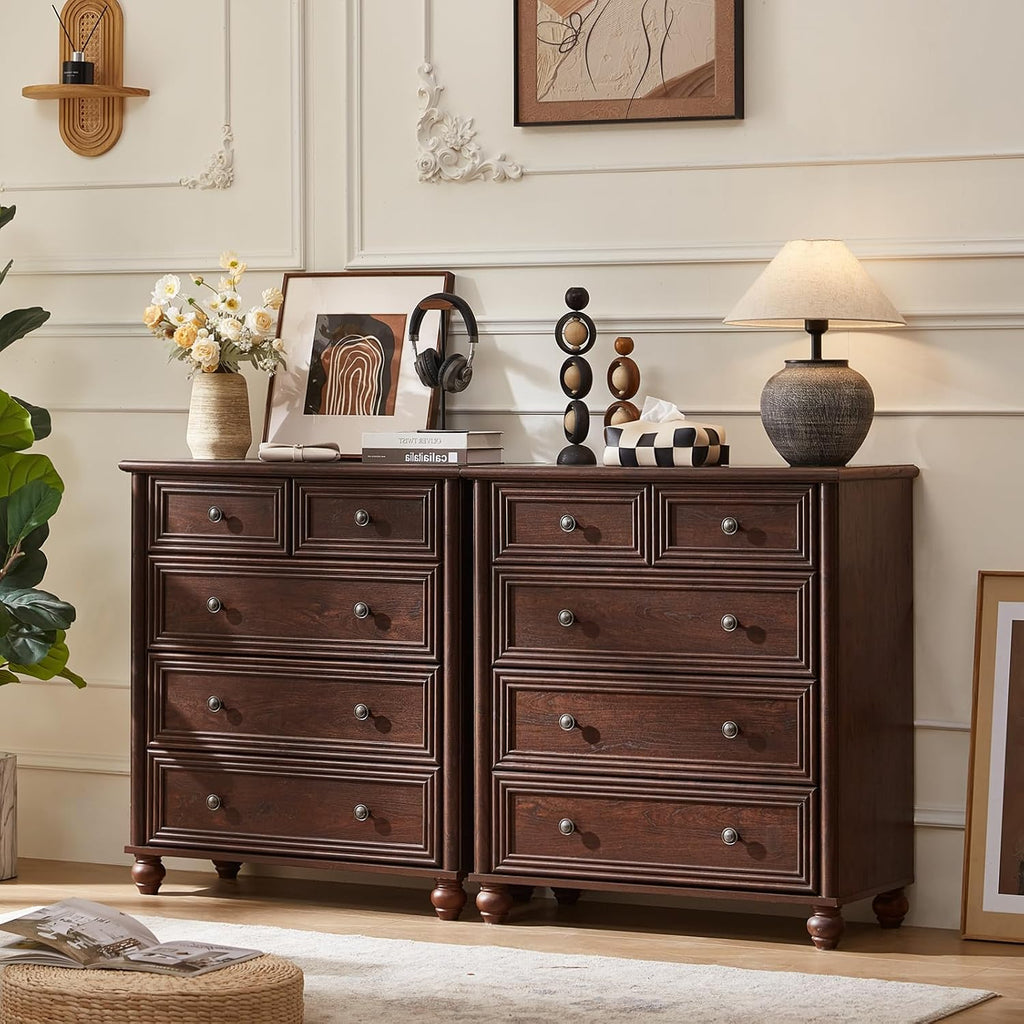 RWYHG Farmhouse 5 Drawer Dresser for Bedroom, 35.5' Walnut Tall Small Dressers & Chest of Drawers, Rustic Wood Dresser with Roman Column, Storage Organizer for Living Room, Hallway, Closet