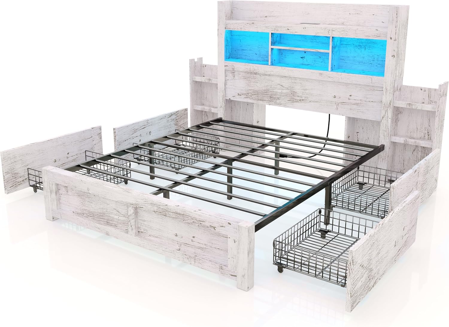 LUXOAK Queen Bed Frame with 49.6' Bookcase Headboard & 4 Drawers & 2 Detachable Bedside Stoage Racks, Farmhouse Wood Bed Frame with RGB LED & Charging Station, No Box Spring Needed, Distressed White