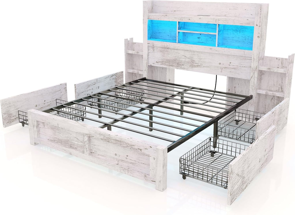 LUXOAK Full Bed Frame with 49.6' Bookcase Headboard & 2 Detachable Bedside Stoage Racks & 4 Drawers, Farmhouse Wood Bed Frame with RGB LED & Charging Station, No Box Spring Needed, Distressed White
