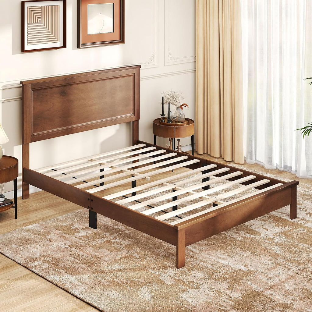 GOFLAME Full Size Wood Bed Frame, Mid-Century Modern Platform Bed with Headboard, Solid Wood Legs, Mattress Foundation with 12 Wooden Slats, No Box Spring Needed, Walnut