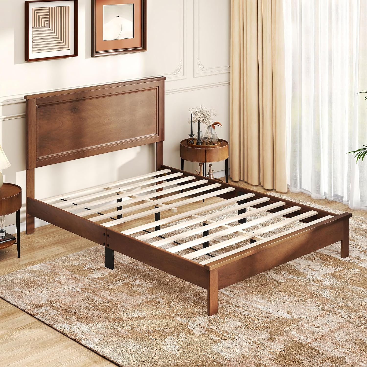 GOFLAME Full Size Wood Bed Frame, Mid-Century Modern Platform Bed with Headboard, Solid Wood Legs, Mattress Foundation with 12 Wooden Slats, No Box Spring Needed, Walnut