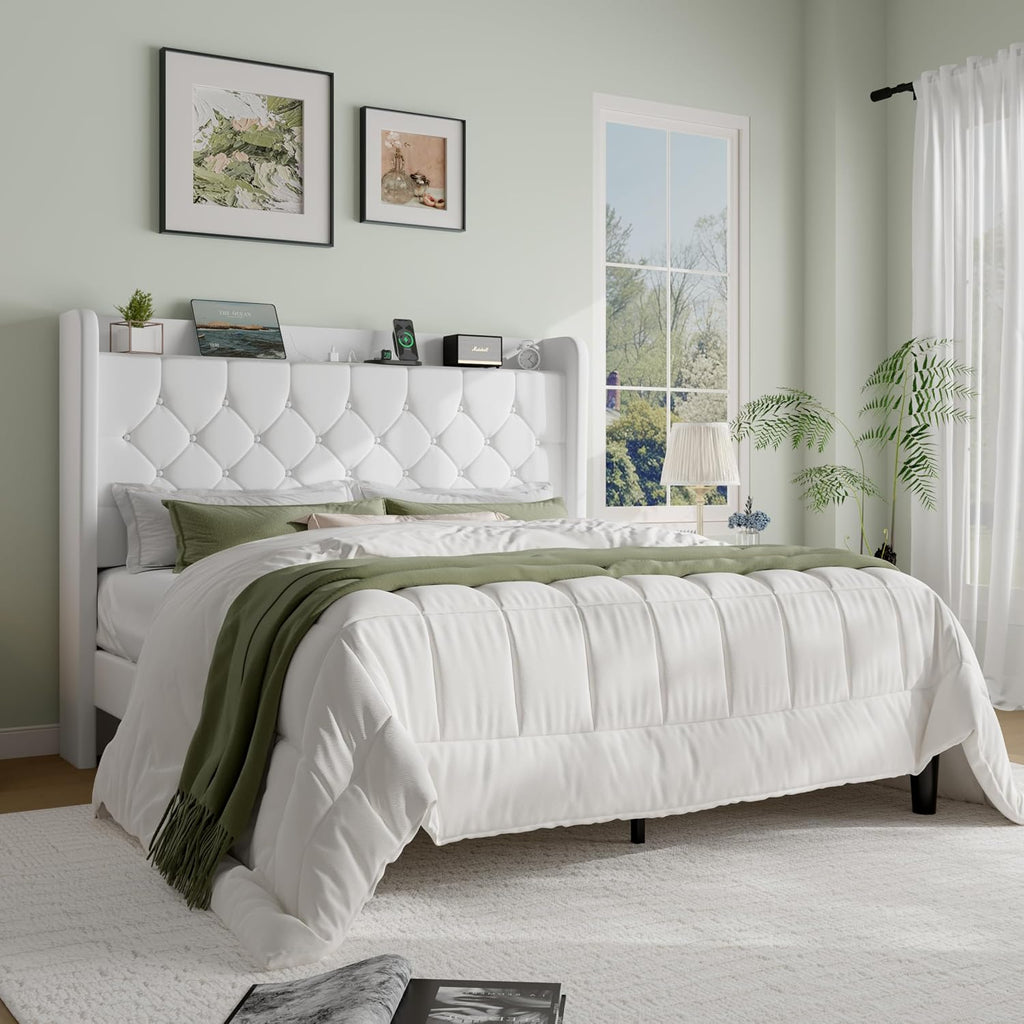 SHA CERLIN Queen Size Platform Bed Frame with Charging Station, Velvet Wingback Headboard with Storage Shelf, Wooden Slats Support, Ample Under-Bed Space, No Box Spring Needed, Easy Assembly, White