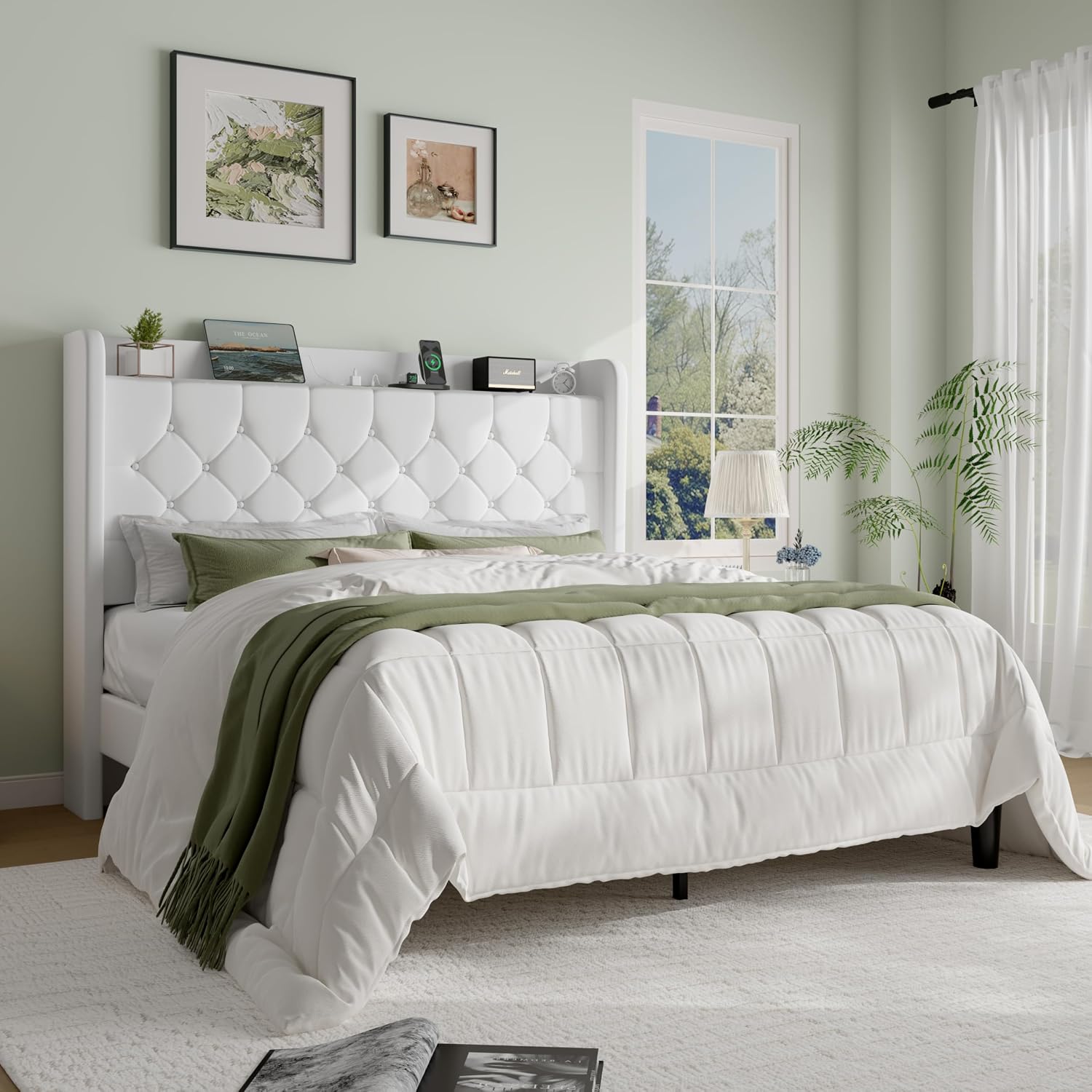SHA CERLIN Queen Size Platform Bed Frame with Charging Station, Velvet Wingback Headboard with Storage Shelf, Wooden Slats Support, Ample Under-Bed Space, No Box Spring Needed, Easy Assembly, White