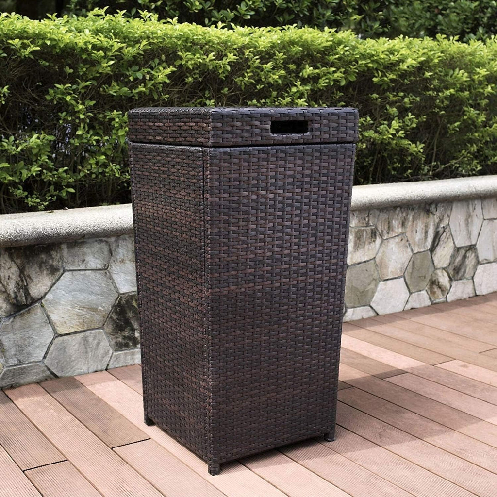 Maykoosh Rustic Retreat Outdoor Wicker Trash Bin - Brown Finish, 16 x 16 x 31.5 inches, Manual Lift Lid, Sturdy Steel and Wicker Construction, Modern Patio/Lawn/Porch Trash Bin