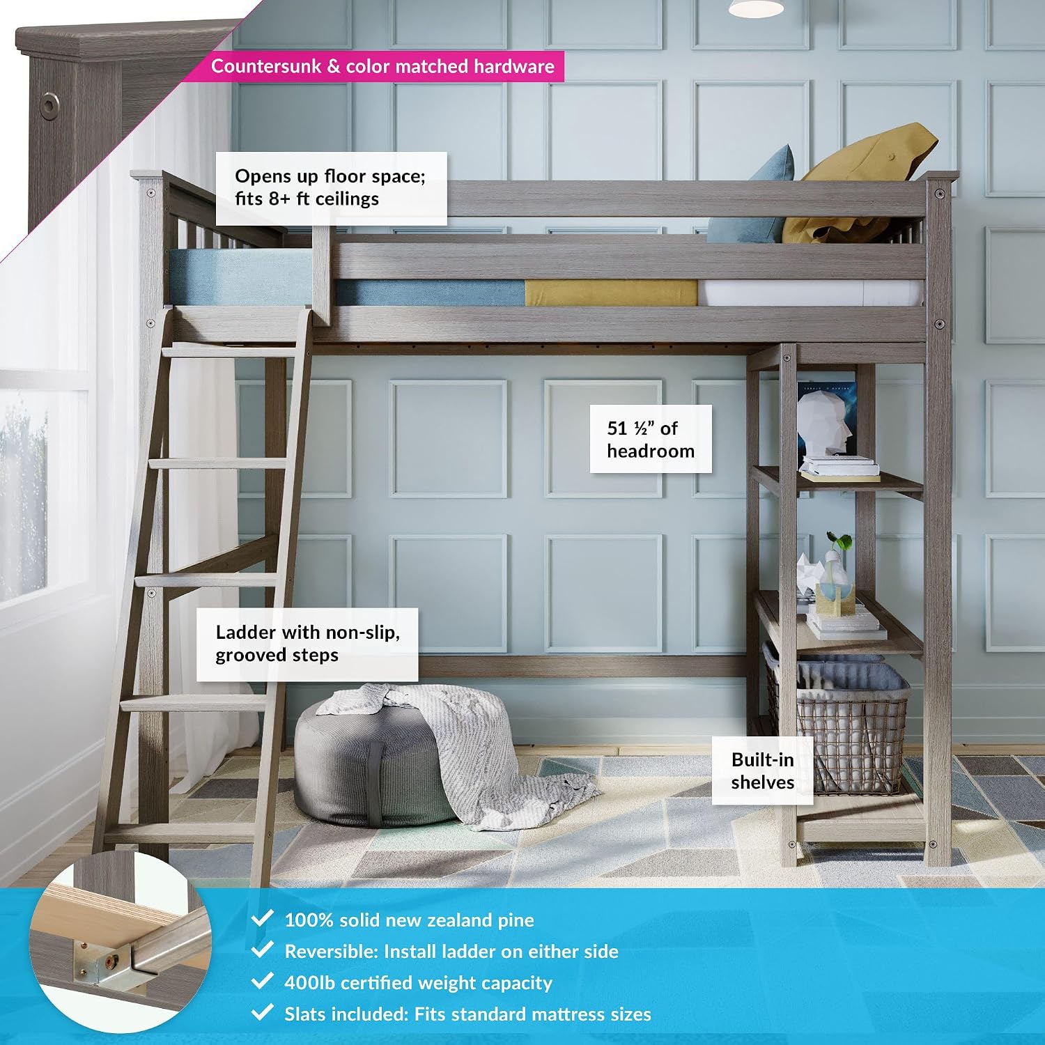 Max & Lily High Loft Bed, Twin Bed Frame For Kids With Bookcase, Clay