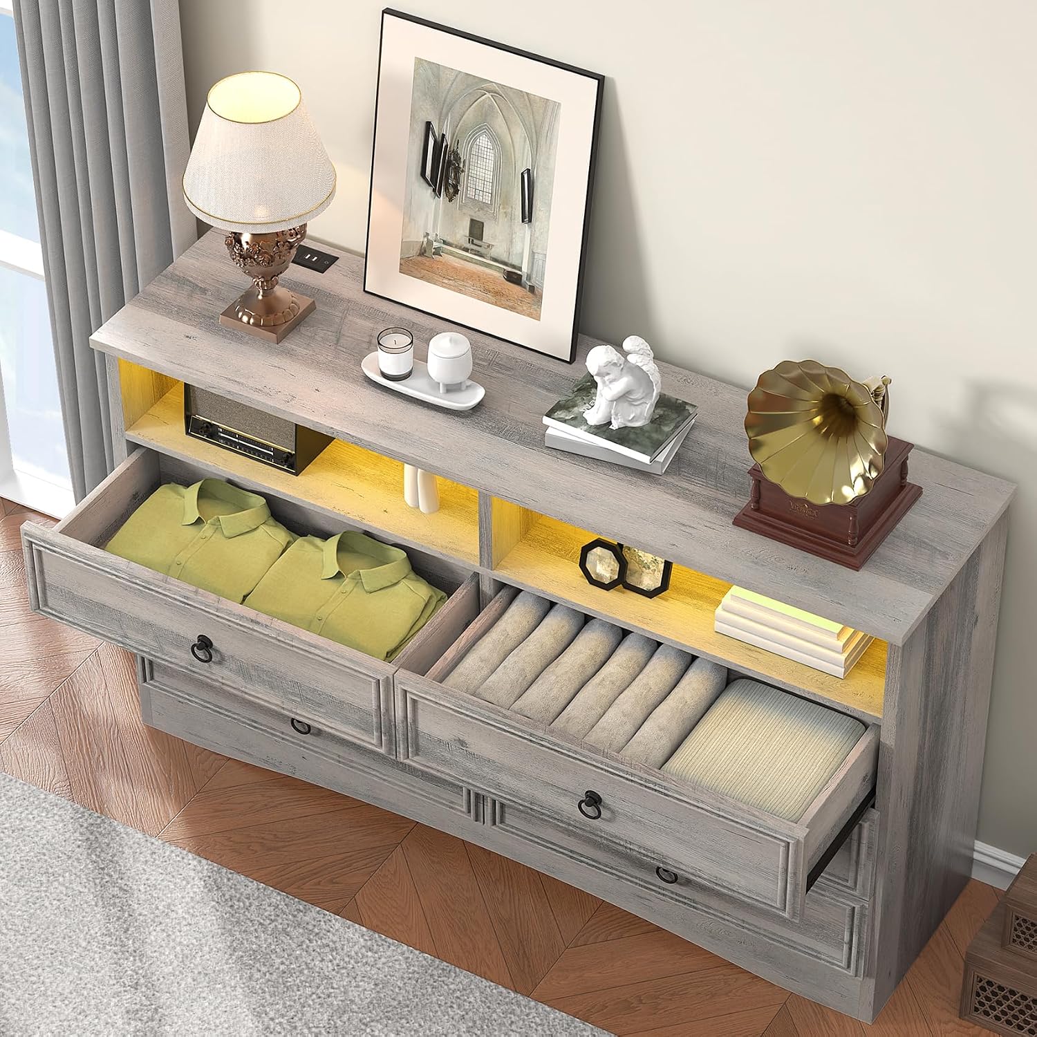 VVFLU Grey 6 Drawer Dresser for Bedroom with LED Lights and Charging Station, Wood 6 Chest Drawers, Large Storage for Clothes, for Living Room, Bedroom, Hallway, Taupe Grey