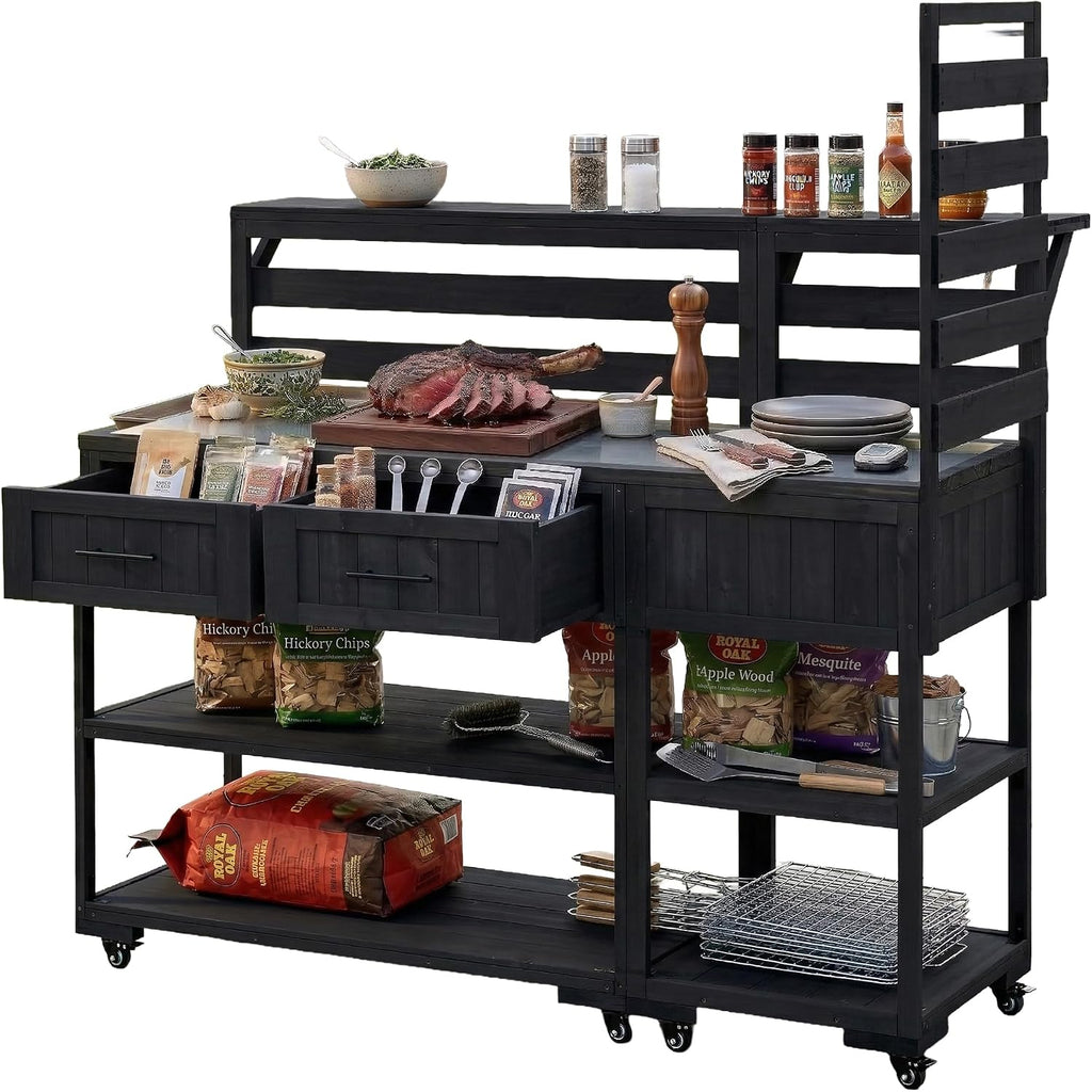 Patio Potting Bench Table with Stainless Table Top, Outdoor Large Garden Workstation on Wheels with Raised Shelf and Drawers for Backyard (Black)