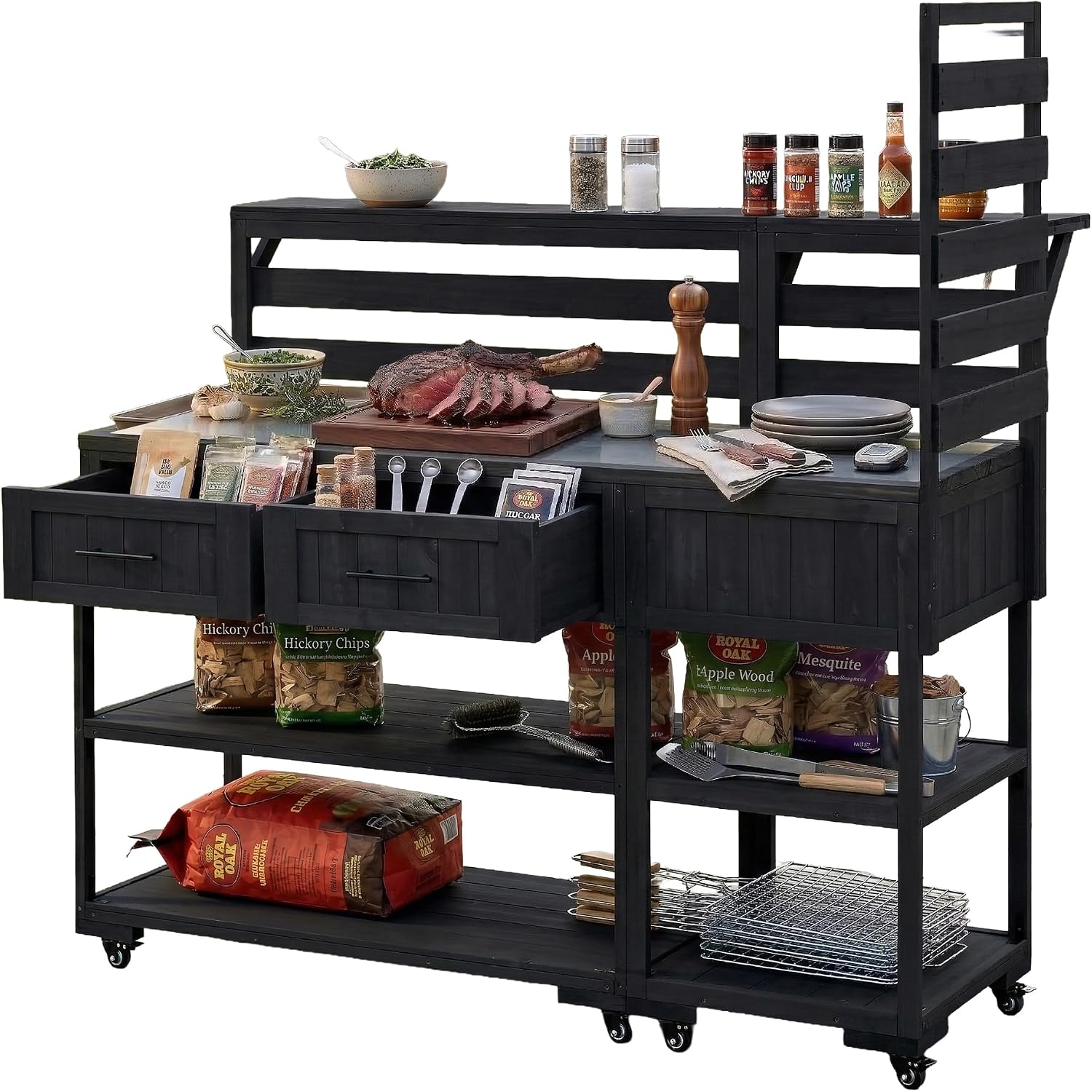 Patio Potting Bench Table with Stainless Table Top, Outdoor Large Garden Workstation on Wheels with Raised Shelf and Drawers for Backyard (Black)