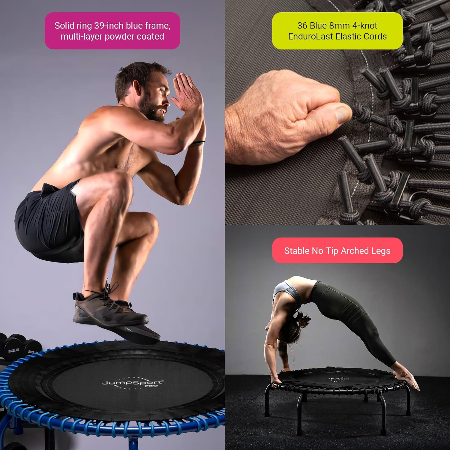JumpSport 350 PRO 39 Inch Fitness Trampoline Indoor Rebounder Cardio Workout Equipment 300 lb Capacity