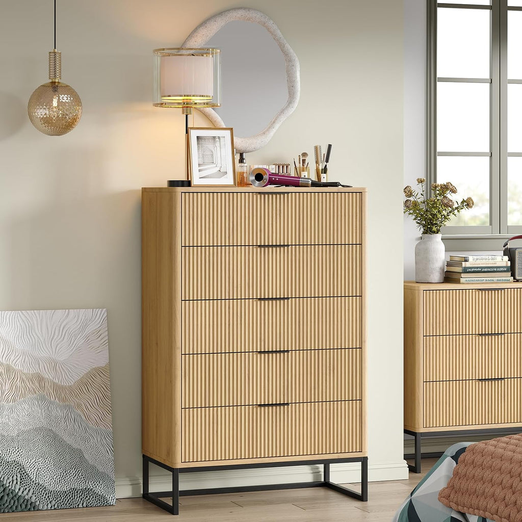 Furniouse Fluted 5 Drawers Dresser,Storage Drawers,Modern Closet Dressers Chest of Drawers, Wood Storage Dresser Organizer for Bedroom