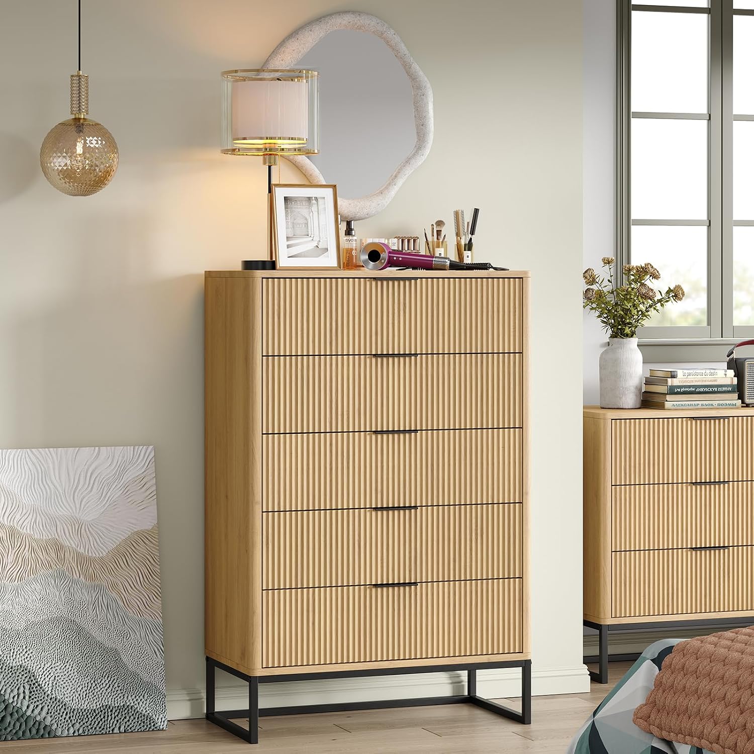 Furniouse Fluted 5 Drawers Dresser,Storage Drawers,Modern Closet Dressers Chest of Drawers, Wood Storage Dresser Organizer for Bedroom