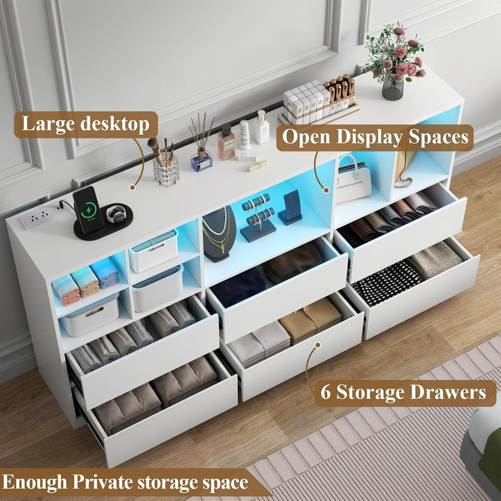 Gyfimoie White Dresser for Bedroom with 6 Drawers, Chest of Drawers with Led Lights&Charging Station, 63' Long Dresser with 7 Open Cubbies, Storage Drawers for Living Room, Closet, Hallway (White)