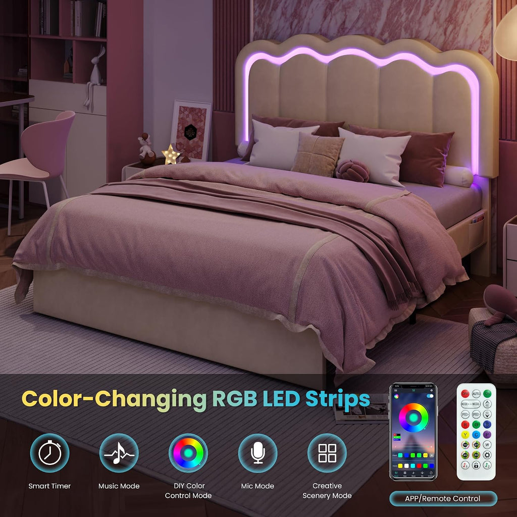 SHA CERLIN Upholstered Full Size Bed Frame with LED Lights and Large Storage Drawer, Velvet Platform Bed with Adjustable Wavy Headboard, Noise Free, Easy Assembly, No Box Spring Needed, Soft Cream