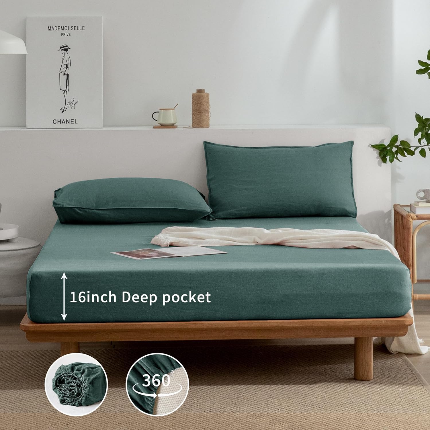 EVERLY Linen Sheets Set Full Size,100% French Stonewash Pure Linen Bed Sheets,4Pieces (1Flat Sheet,1Fitted Sheet,2Pillowcase) Suitable for Hot Sleepers,Deep Pocket Natural Bedding Set-Aqua