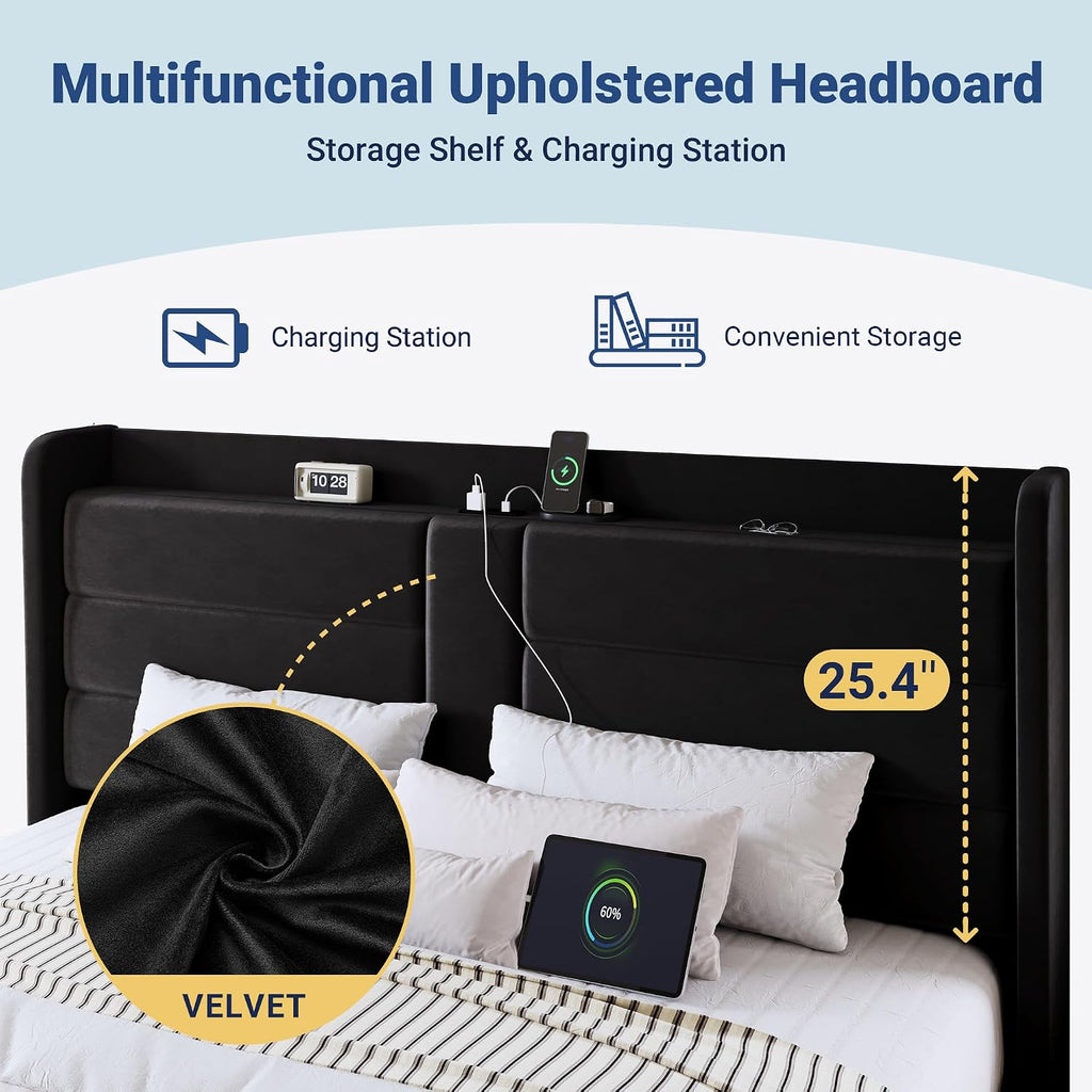 Allewie King Size Platform Bed Frame with Charging Station & Storage Headboard, Upholstered Velvet Wingback Design & USB Port, Strong Wooden Slats Support, No Box Spring Needed, Easy Assembly, Black