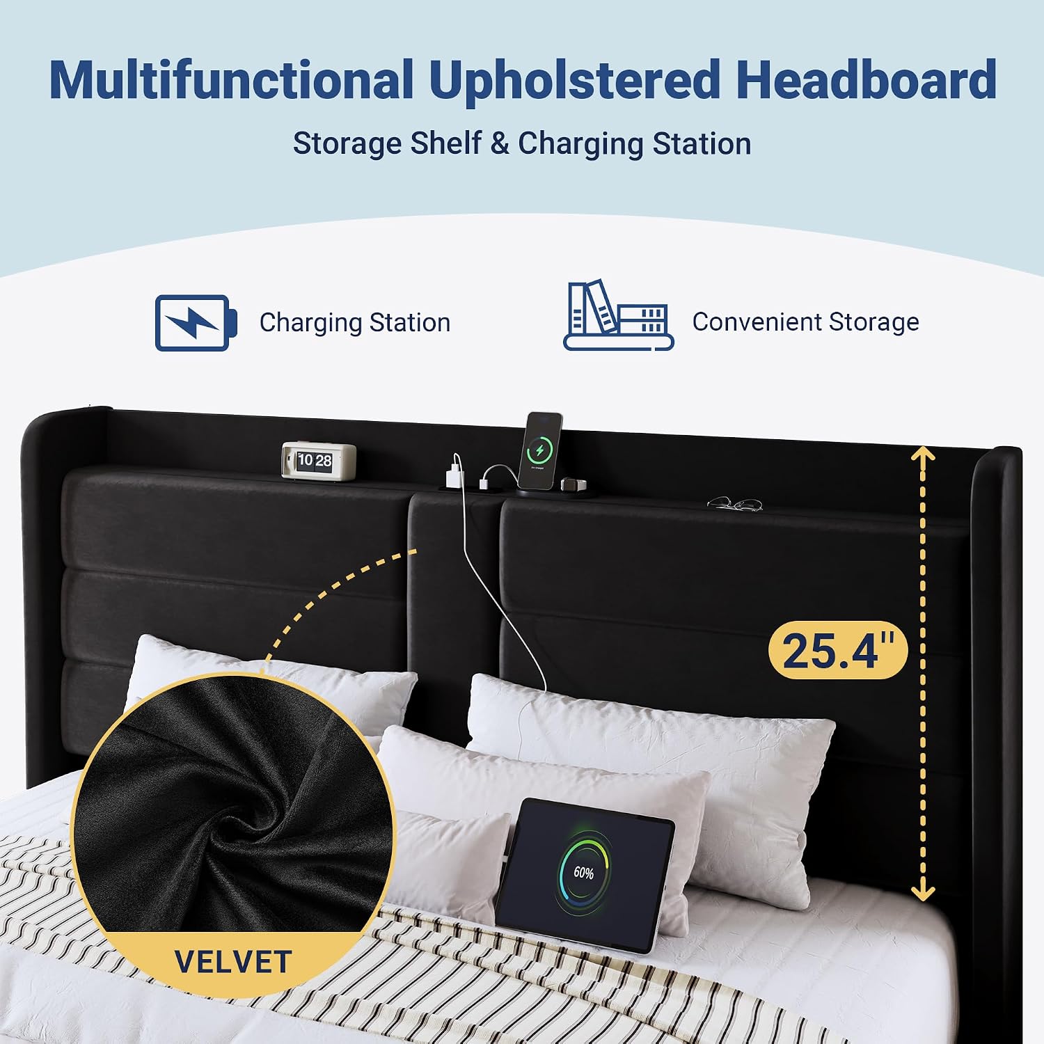 Allewie King Size Platform Bed Frame with Charging Station & Storage Headboard, Upholstered Velvet Wingback Design & USB Port, Strong Wooden Slats Support, No Box Spring Needed, Easy Assembly, Black