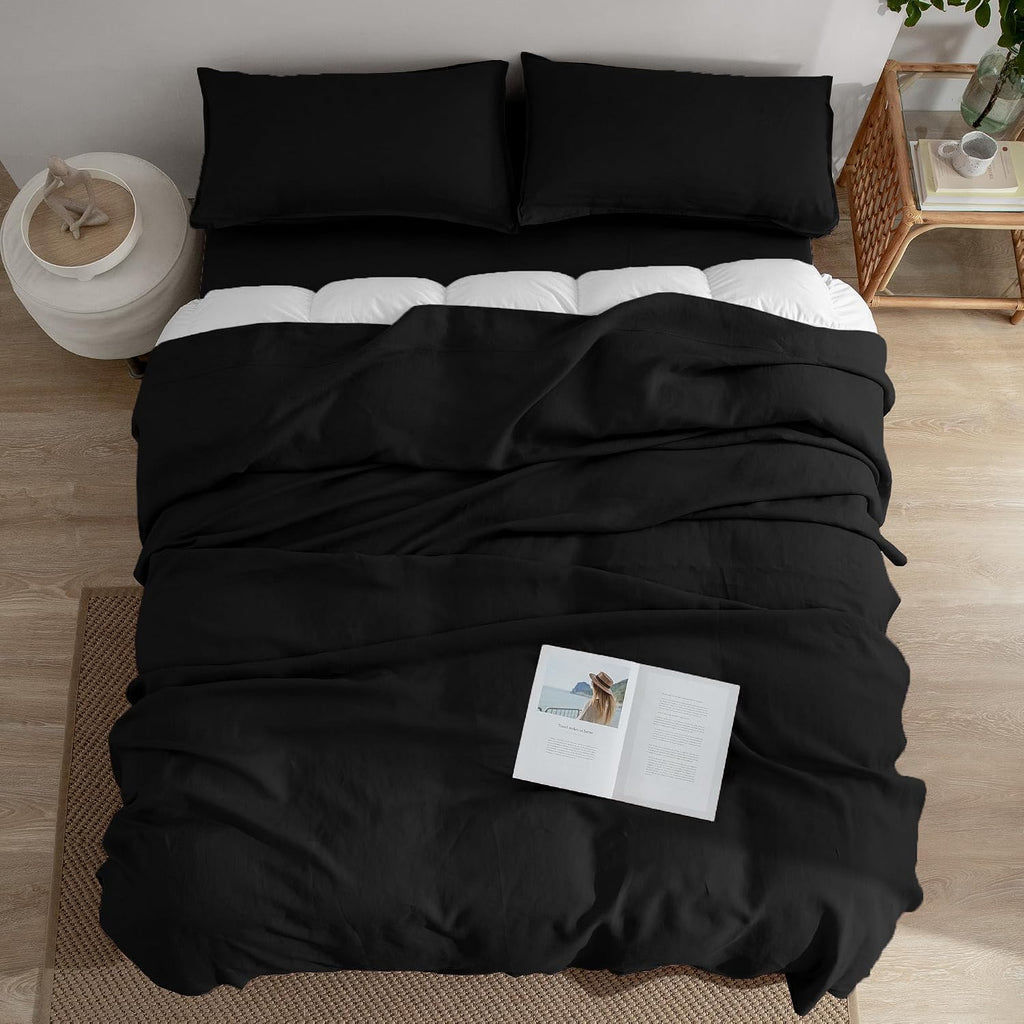 EVERLY Linen Sheets Set Full Size,100% French Stonewash Pure Linen Sheets Set,4Pieces (1Flat Sheet,1Fitted Sheet,2Pillowcase) Suitable for Hot Sleepers,Deep Pocket Natural Bedding Set-Black