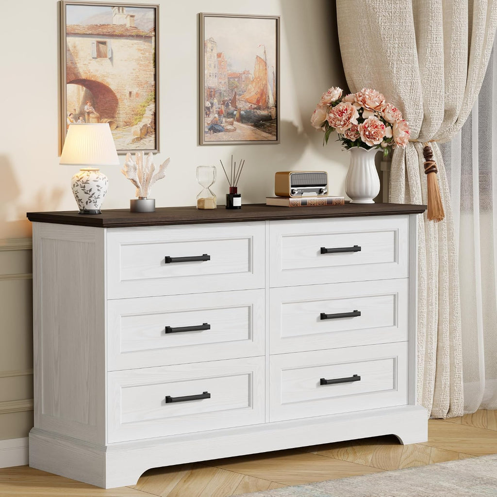 Furmax Farmhouse Dresser for Bedroom, 6 Drawers Dresser, Wood Chest of Drawers, 47.2' Wide Storage Dressers Organizer for Bedroom, Living Room, White and Brown