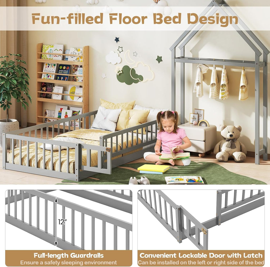 KOMFOTT Twin Size Floor Bed with House-Shaped Headboard, Kids Montessori Floor Bed with Detachable Clothes Hanger, Full Length Safety Guardrails, Door & Latch, Solid Wood Floor Bed Frame