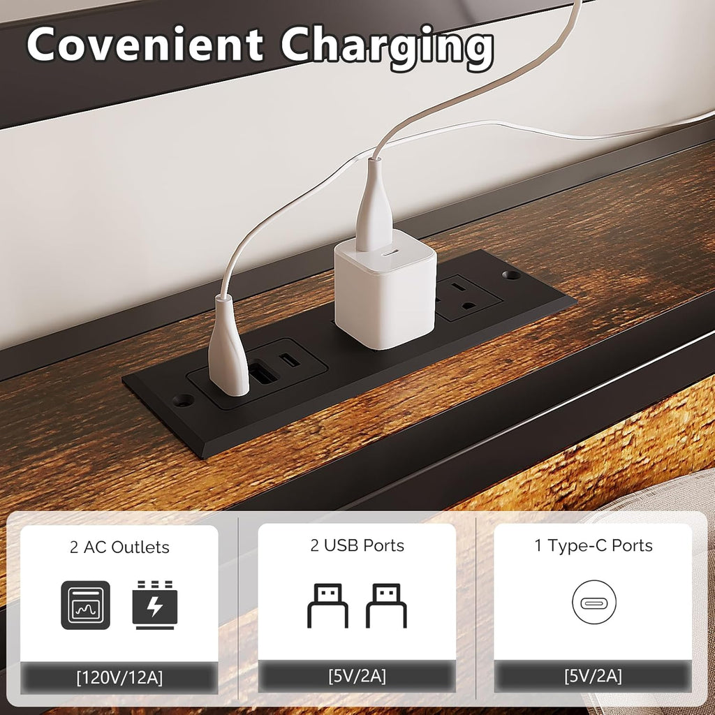 VINGLI Full Platform with 4 Storage Drawers and Headboard, Metal Double Bed with Charging Station and LED Lights, No Box Spring Needed, Noise Free, Easy Assembly, Vintage Brown