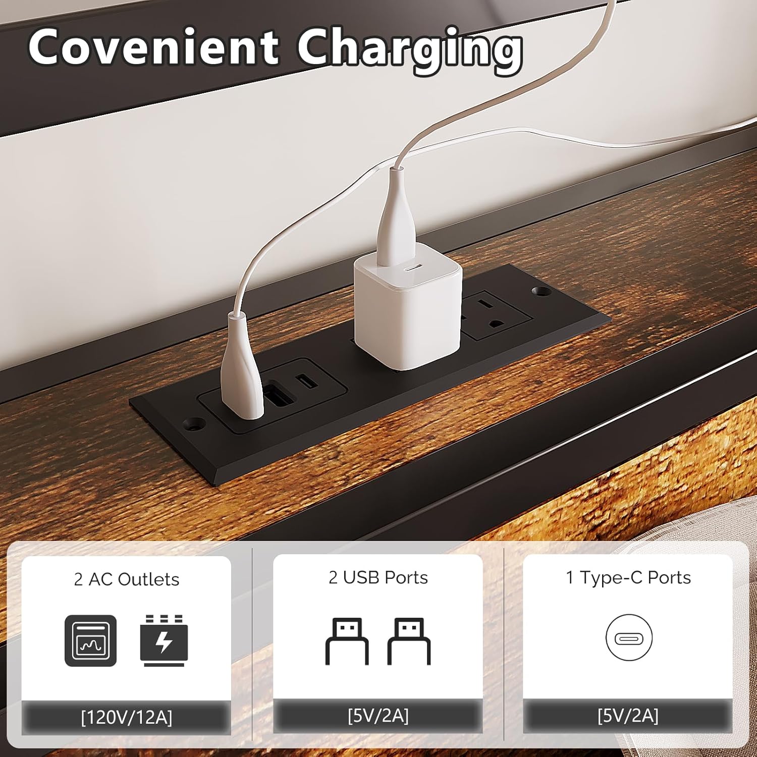 VINGLI Full Platform with 4 Storage Drawers and Headboard, Metal Double Bed with Charging Station and LED Lights, No Box Spring Needed, Noise Free, Easy Assembly, Vintage Brown