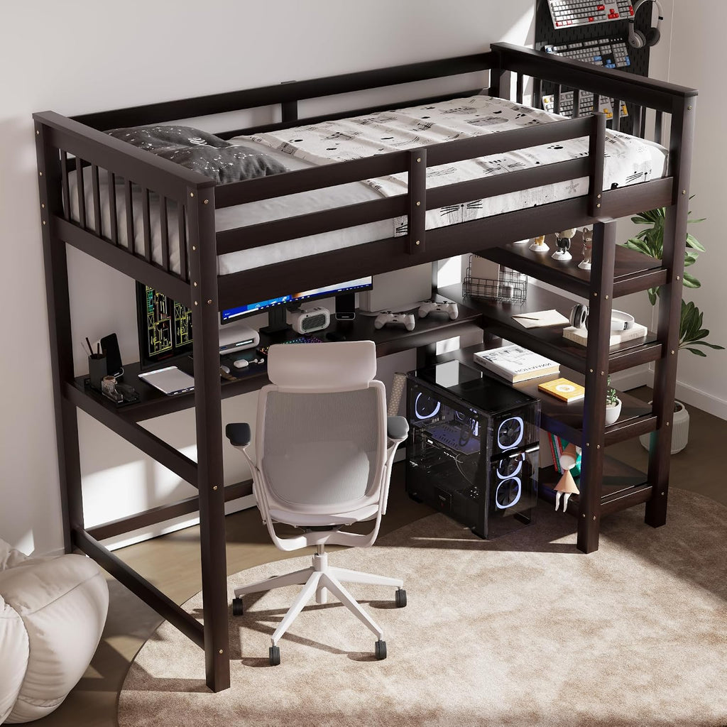 Merax Wood Loft Bed with Desk and Shelves : Twin Size Bed with Storage Shelves and Under-Bed Desk, Twin Loft Bed, Espresso Color